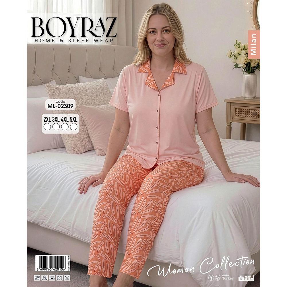 Boyraz Ml-02309 Bayan Battal Milan Desenli Kısa Kol Pijama Takımı 2XL-5XL