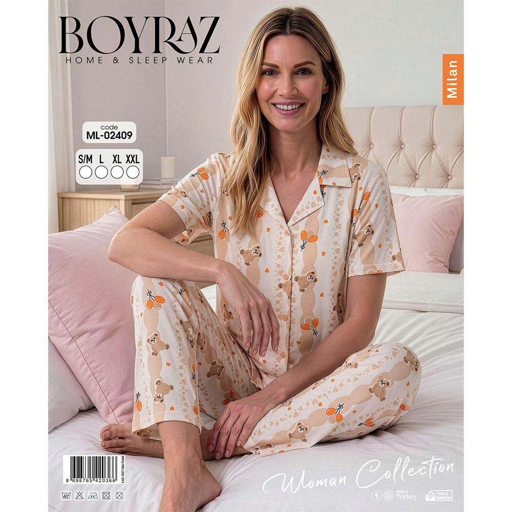 Boyraz Ml 02409 Bayan Milan Desenli Kısa Kol Boydan Düğmeli Pijama Takımı S-2XL