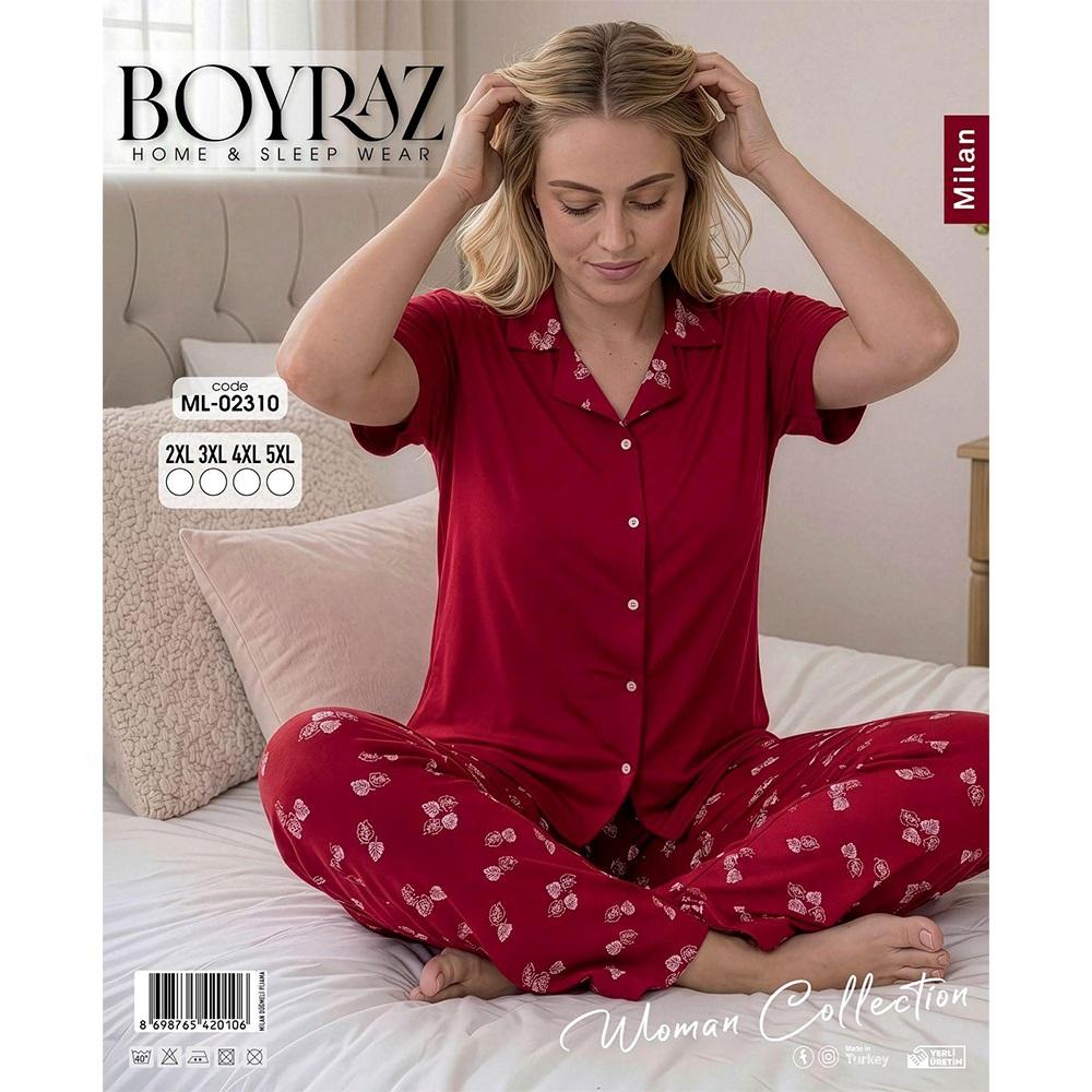 Boyraz Ml 02310 Bayan Milan Desenli Kısa Kol Boydan Düğmeli Pijama Takımı S-2XL