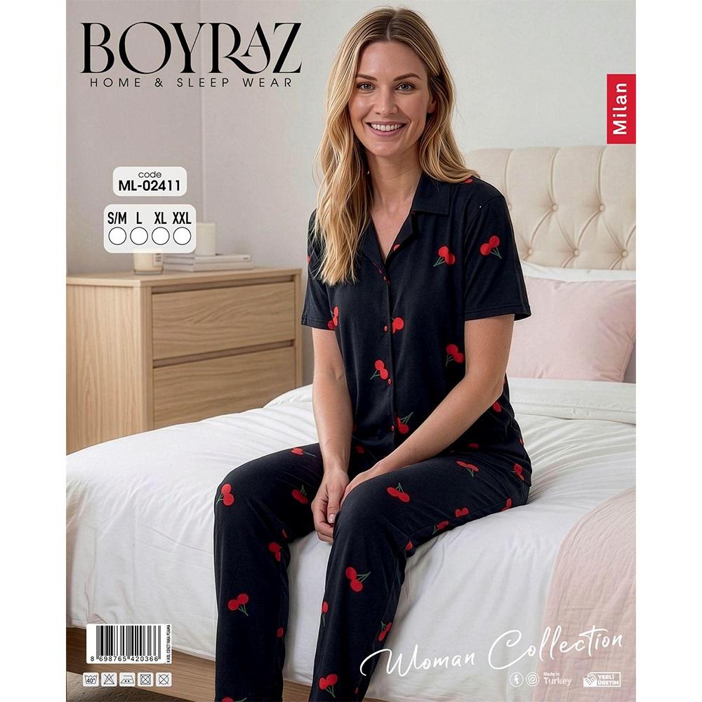 Boyraz Ml 02411 Bayan Milan Desenli Kısa Kol Boydan Düğmeli Pijama Takımı S-2XL