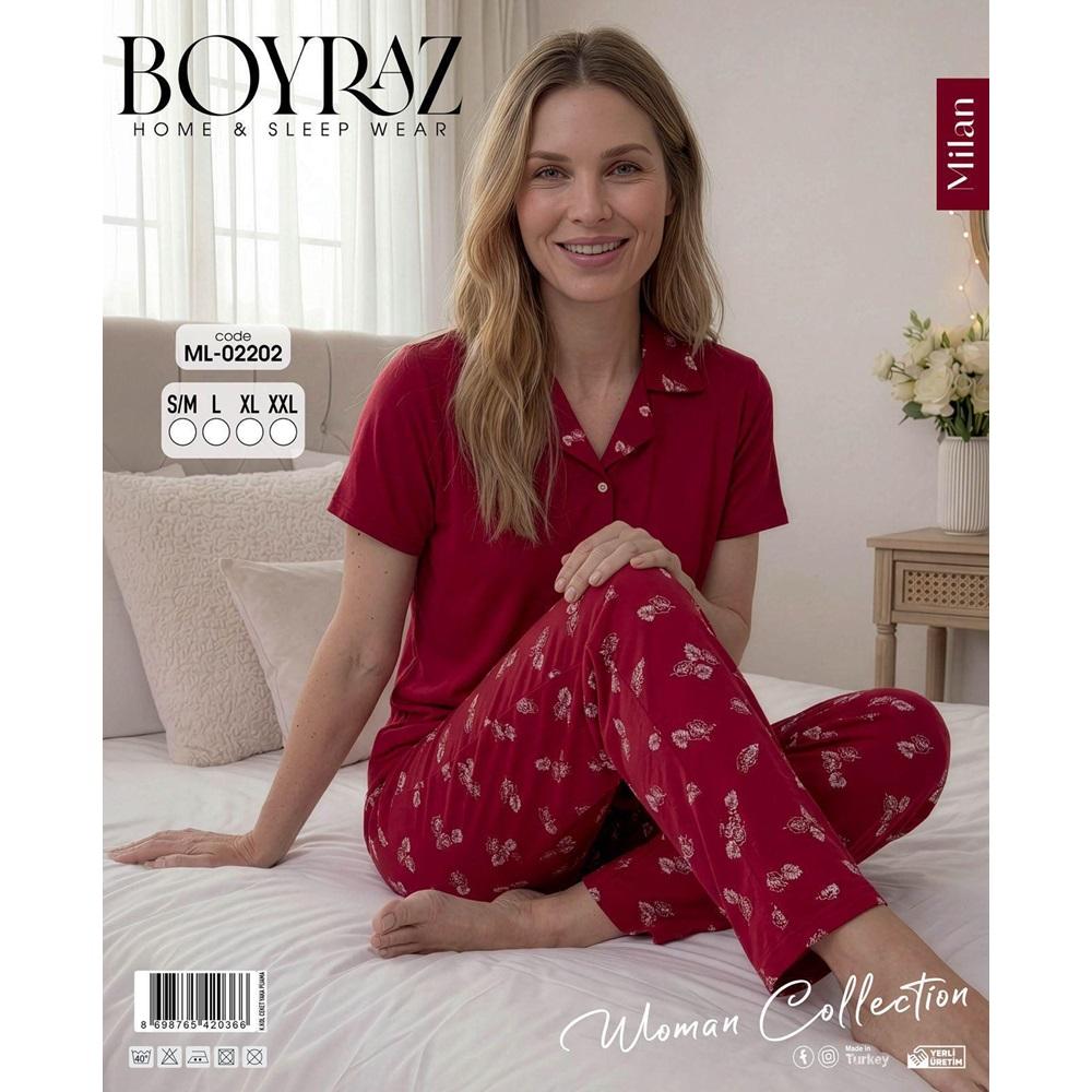 Boyraz Ml 02202 Bayan Milan Desenli Kısa Kol Boydan Düğmeli Pijama Takımı S-2XL