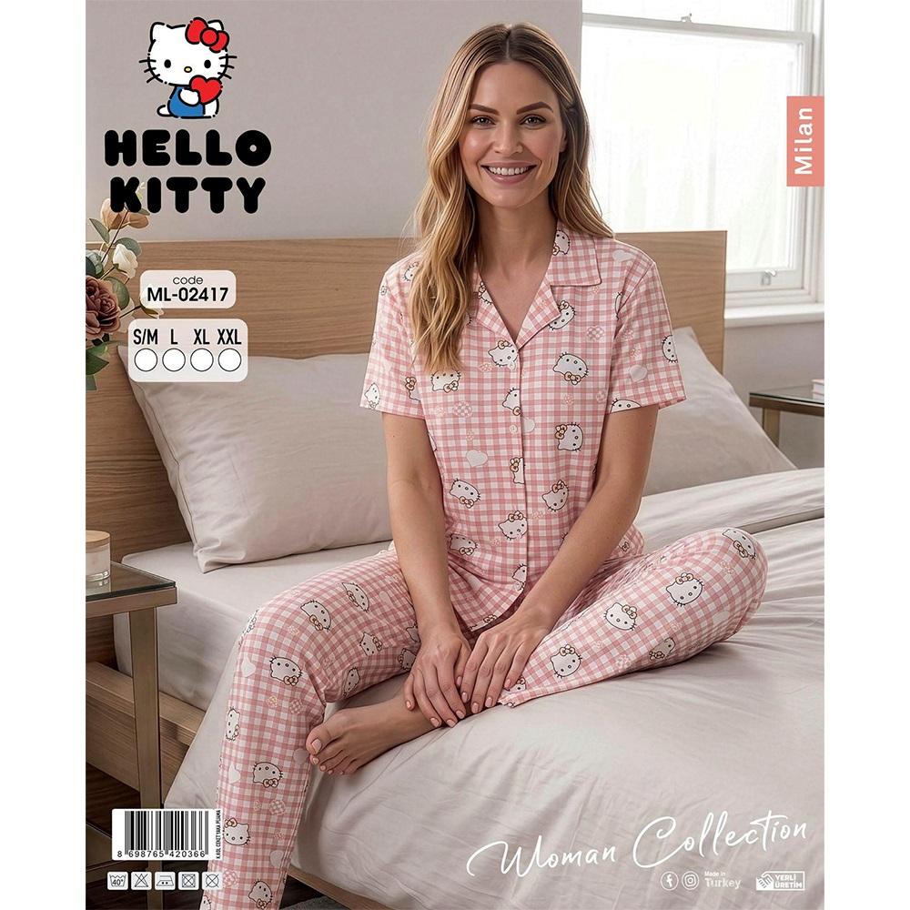 Hello Kıtty Ml 02417 Bayan Milan Desenli Kısa Kol Boydan Düğmeli Pijama Takımı S-2XL