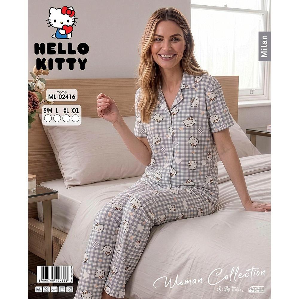 Hello Kıtty Ml 02416 Bayan Milan Desenli Kısa Kol Boydan Düğmeli Pijama Takımı S-2XL