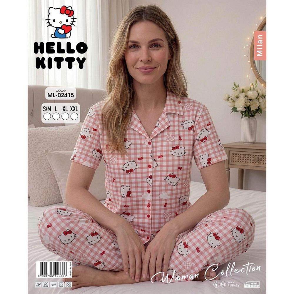 Hello Kıtty Ml 02415 Bayan Milan Desenli Kısa Kol Boydan Düğmeli Pijama Takımı S-2XL
