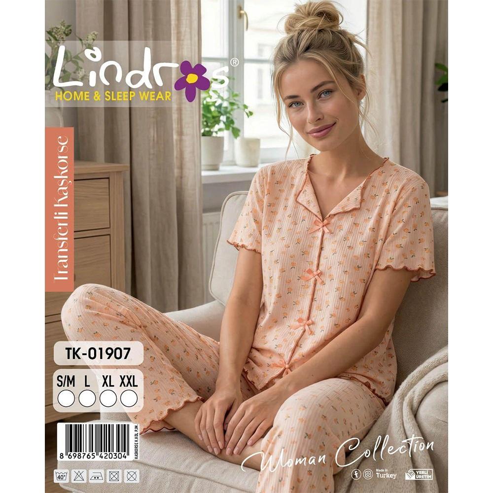 Lindros TK-01907 Bayan Raporlu Kaşkorse Desenli Kısa Kollu Pijama Takımı S-2XL