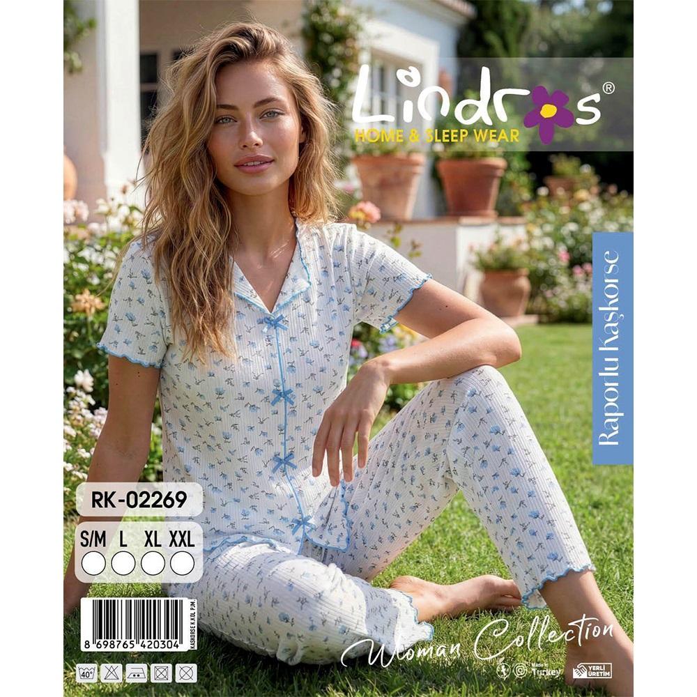 Lindros RK-02269 Bayan Raporlu Kaşkorse Desenli Kısa Kollu Pijama Takımı S-2XL