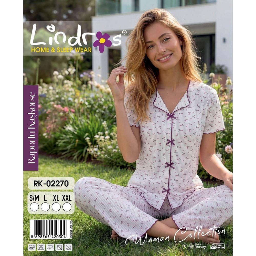 Lindros RK-02270 Bayan Raporlu Kaşkorse Desenli Kısa Kollu Pijama Takımı S-2XL