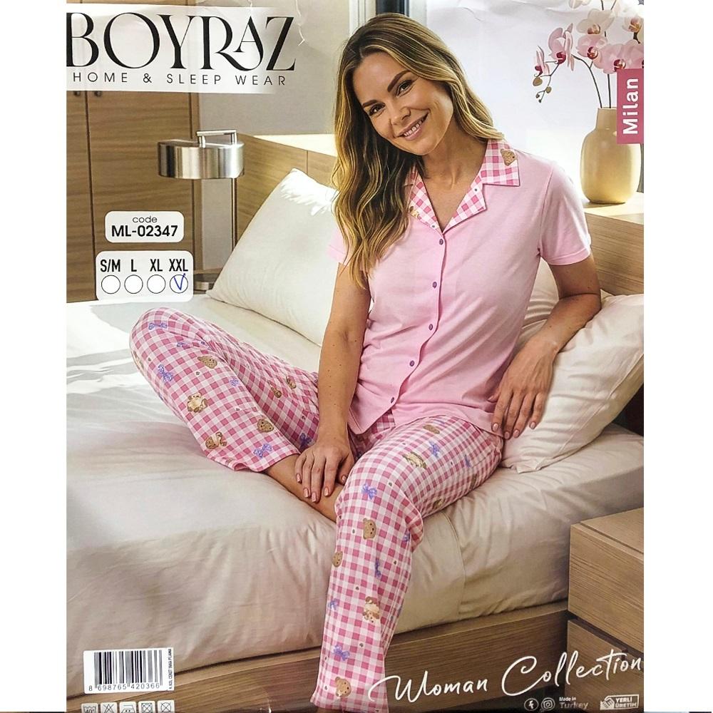 Boyraz Ml 02347 Bayan Milan Desenli Kısa Kol Boydan Düğmeli Pijama Takımı S-2XL