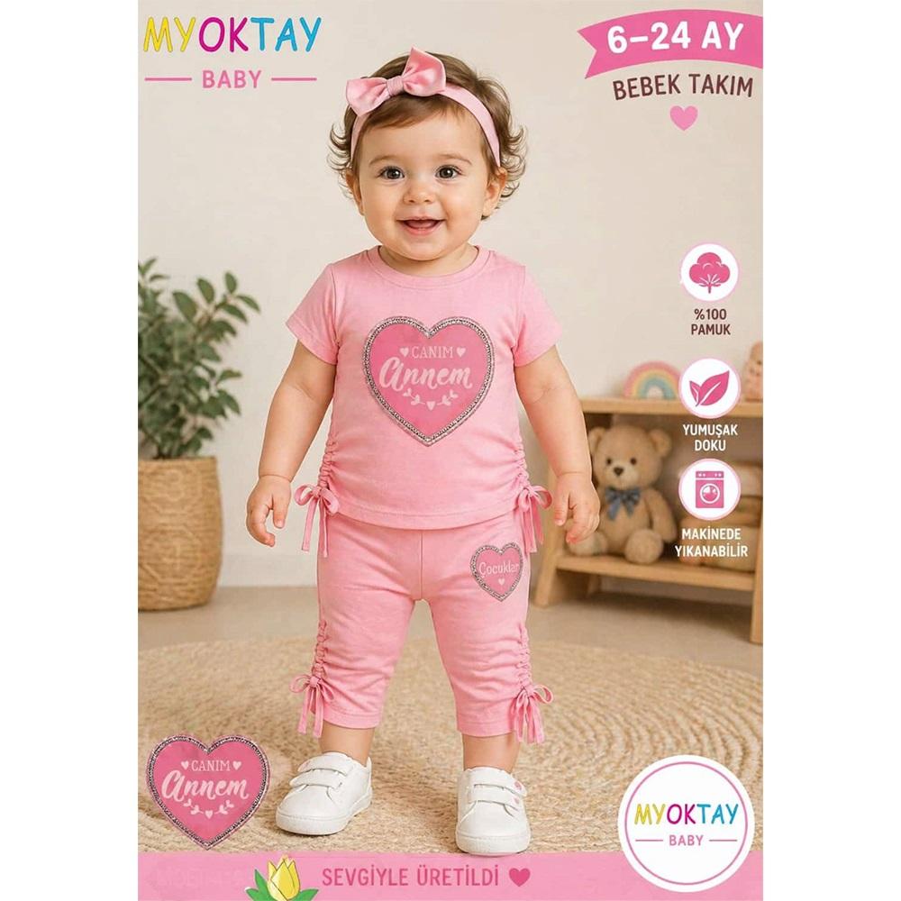 My Oktay 5741 Kız Bebe Penye Kalpli Canım Annem Nakışlı Şortlu Takım 6-24 Ay