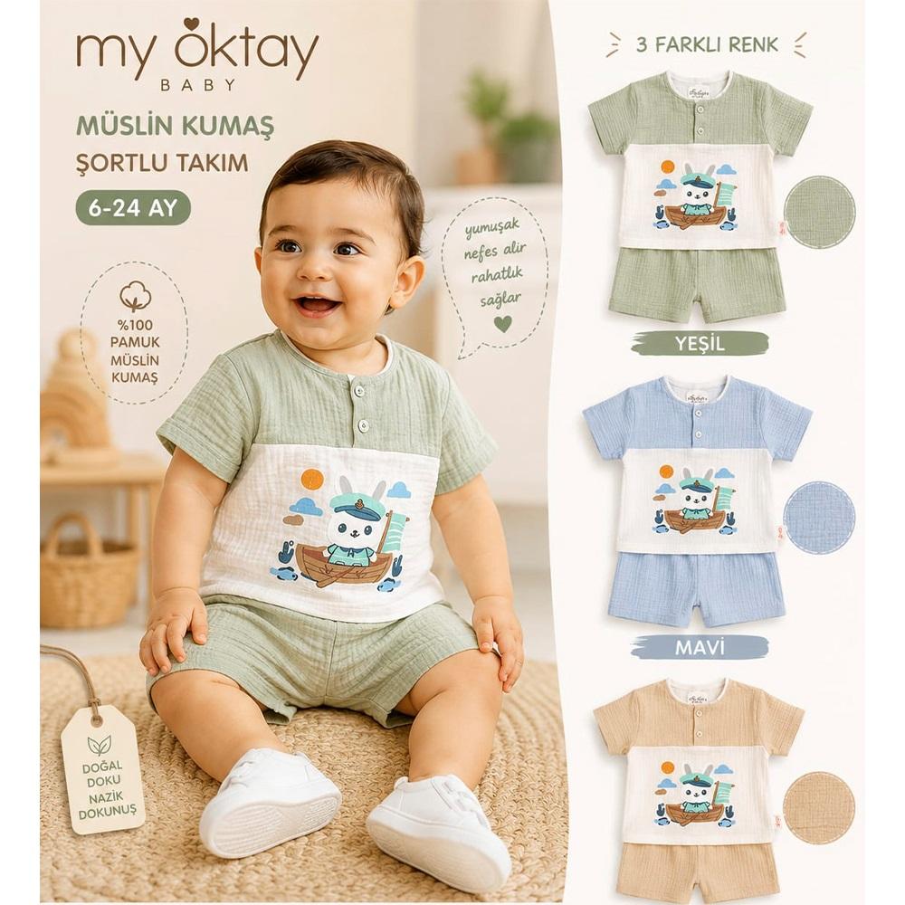 My Oktay 55487 Erkek Bebe Süzine Sevimli Tavşan Nakışlı Şortlu Takım 6-24 Ay