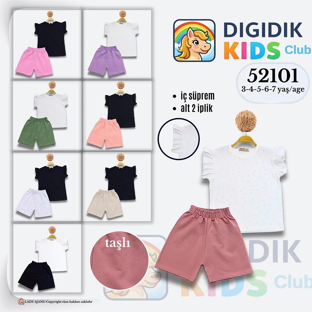 Dıgıdık Kids 52101 Kız Çocuk Penye Kol Fırfırlı Taş Baskılı Şortlu Takım 3-7 Yaş