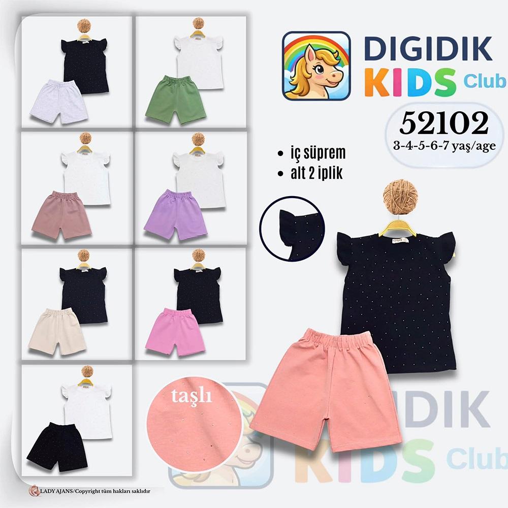 Dıgıdık Kids 52102 Kız Çocuk Penye Yarım Fırfır Kol Taş Baskılı Şortlu Takım 3-7 Yaş