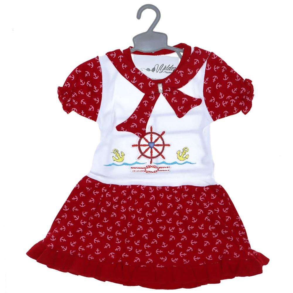 4368 Kız Çapa Nakış Desenli Denizci Penye Elbise 6-9-12 Ay