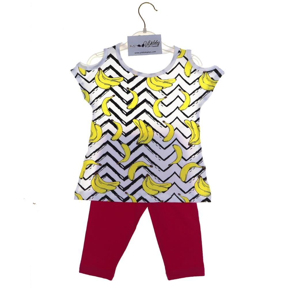 13410 Kız Muz Desenli Punye Taytlı 2li Takım 2-6 Yaş