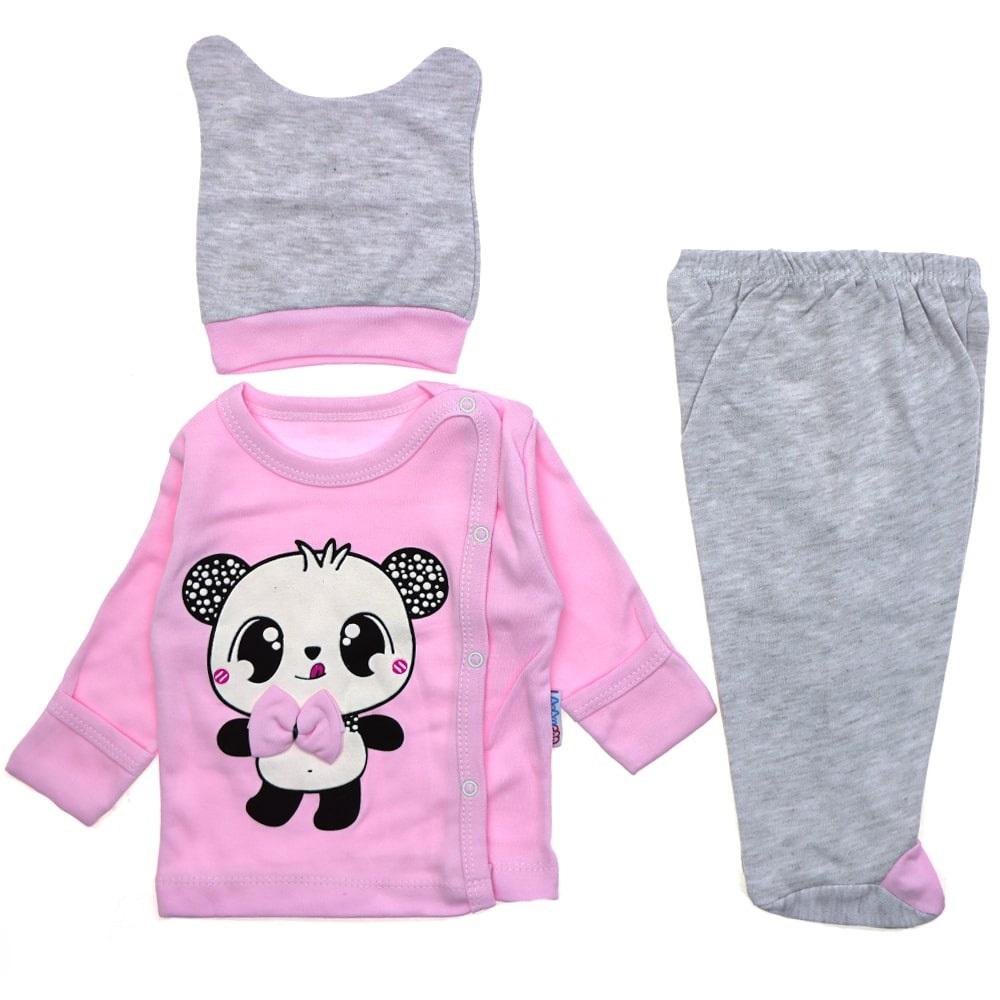 9201 Papyonlu Panda Baskılı Bereli 3 Parça Bebe Zıbın Takım 0-3 Ay