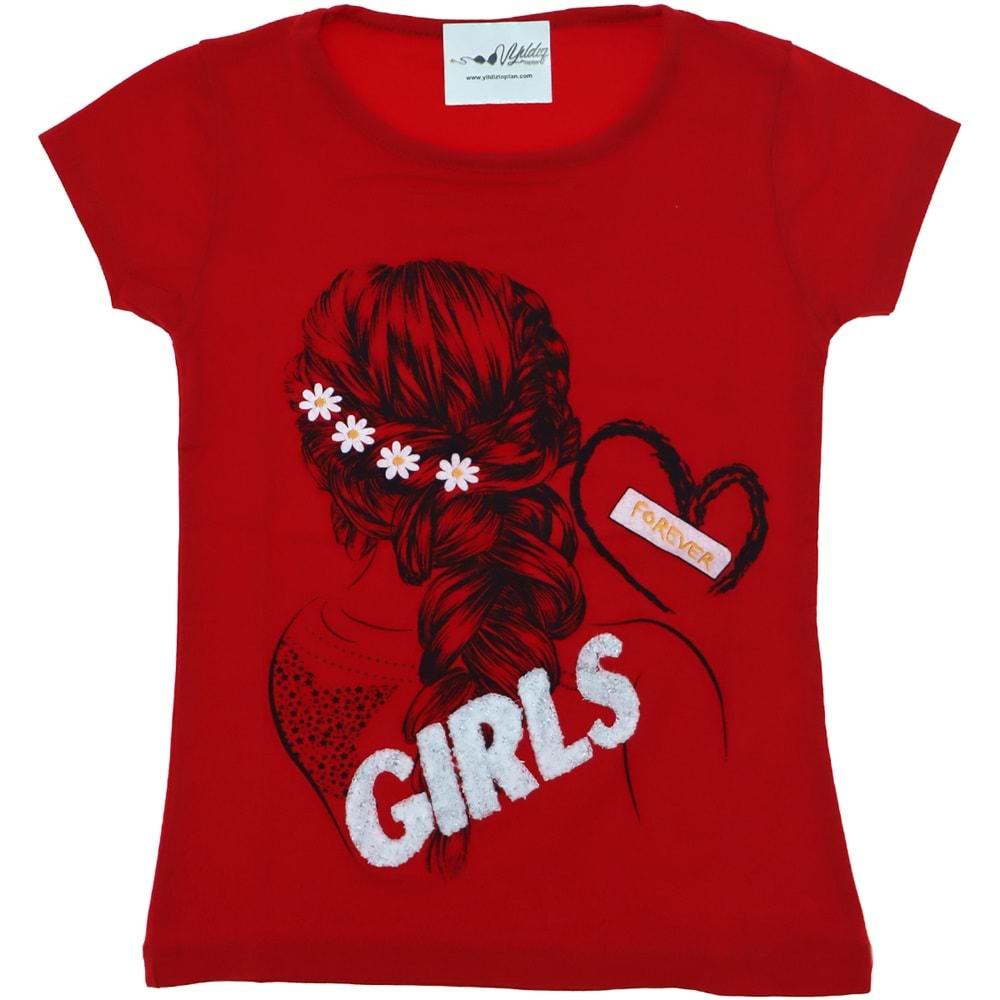 3007 Girls Süzene Baskılı Kız Penye Tişört 5-8 Yaş - Kırmızı - 5-8 YAŞ