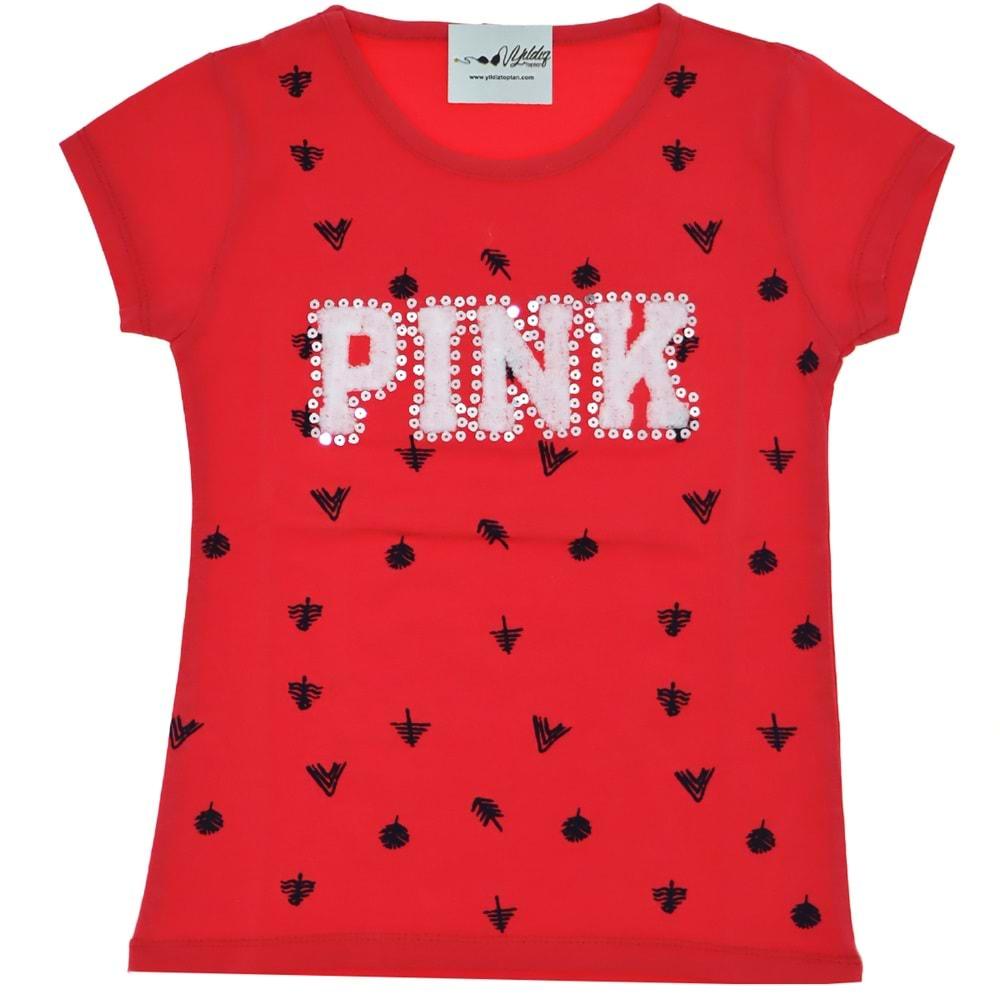 3229 Pink Süzeneli Baskılı Kız Penye Tişört 9-12 Yaş