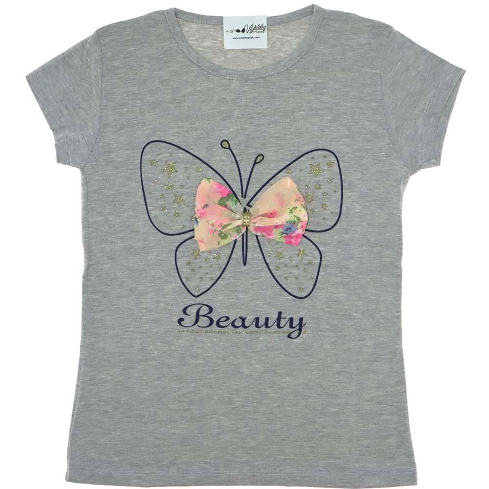 Kelebek Baskılı Kız Penye Tişört Tshirt 9-12 Yaş