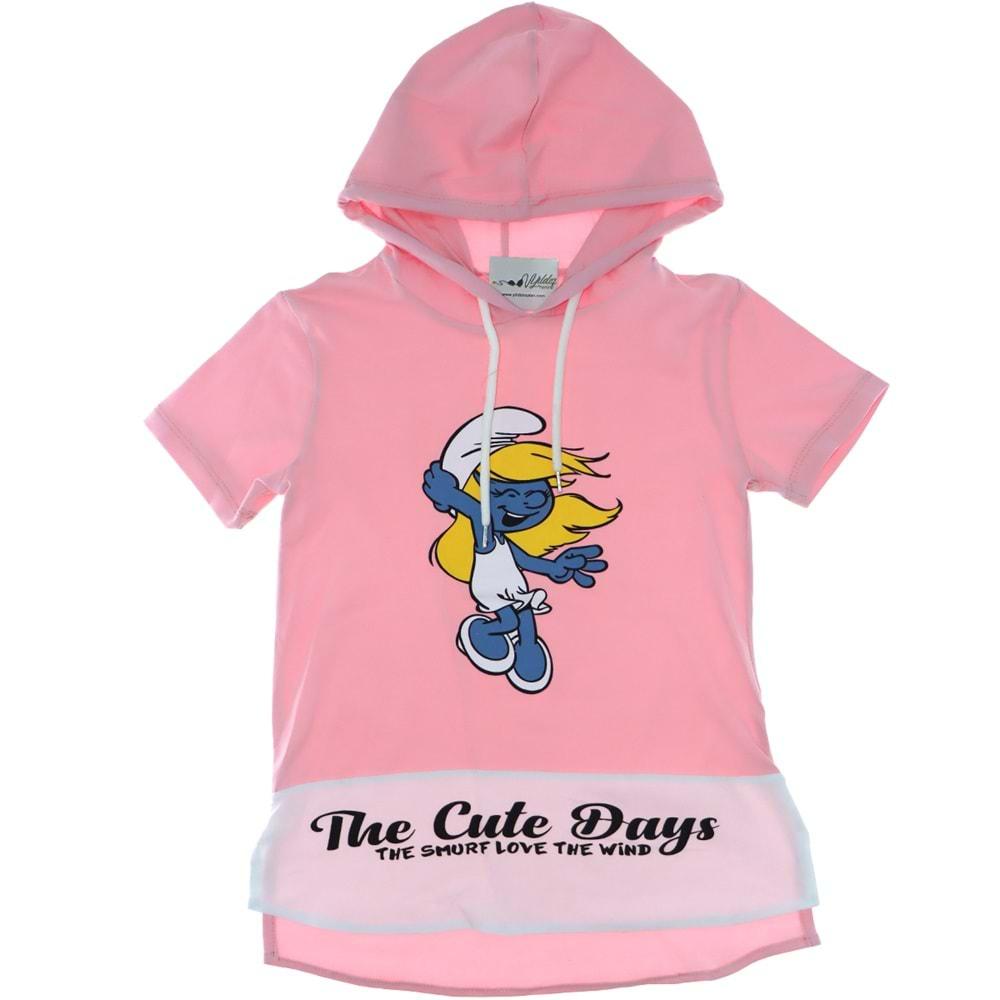 487 Şirine Baskılı Likralı Süprem Kapşonlu Kız Sweatshirt 13-16 Yaş - Pembe - 13-16 YAŞ