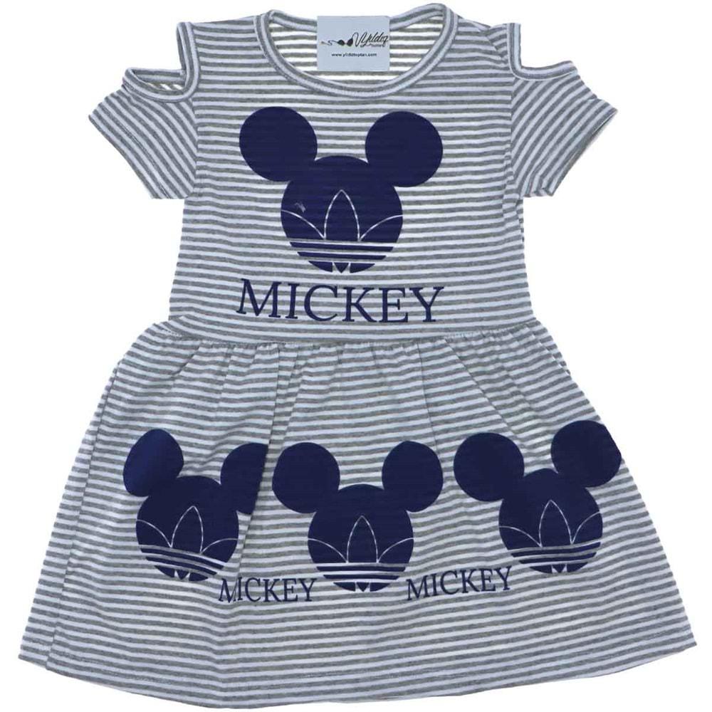 8010 Mickey Mouse Baskı Çizgili Kız Çocuk Elbise 3-8 Yaş