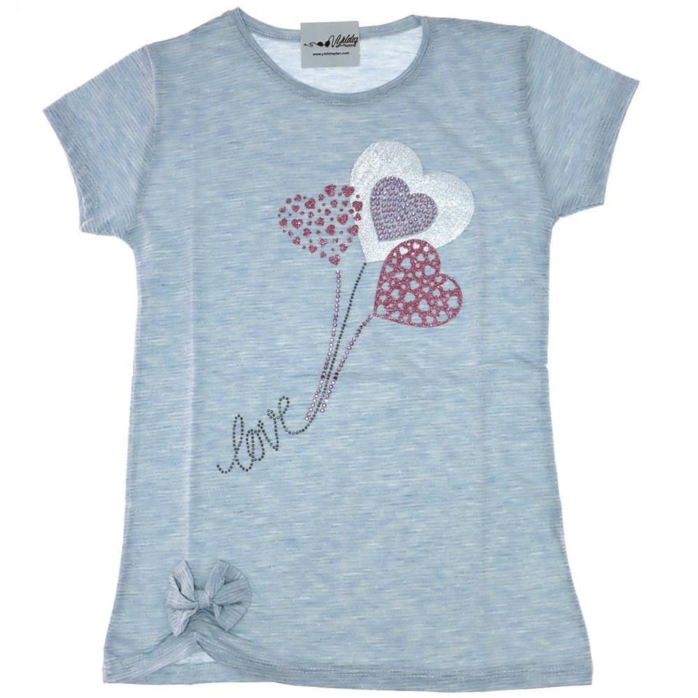 4112 Love Kalp Taşlı Fiyonklu Kız Tişört 5-8 Yaş