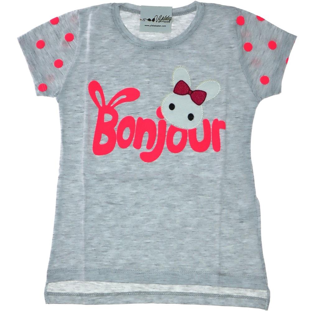 3075 Puantiyeli Bonjour Baskılı Kız Çocuk Tişört 1-4 Yaş - Gri