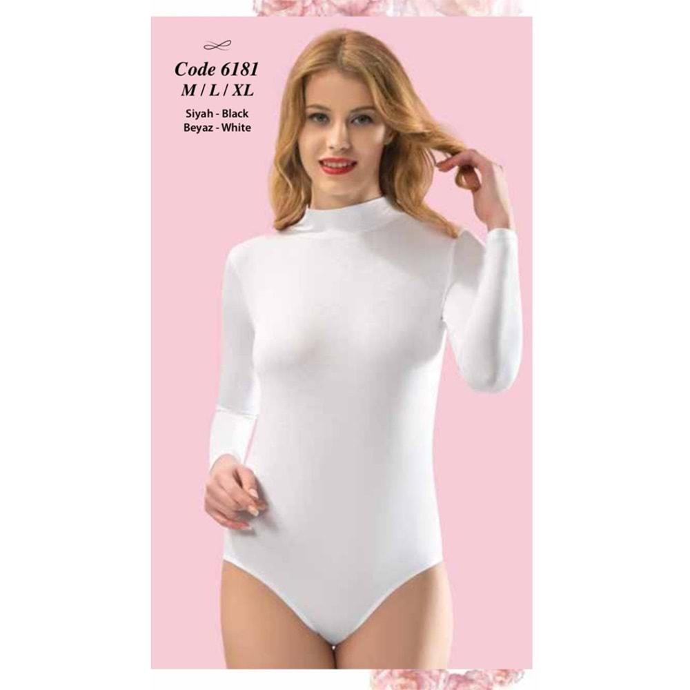 Kota 6181 Bayan Uzun Kol Boyunlu Çıtçıtlı Badi - Beyaz - XL