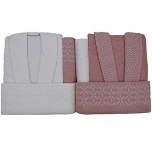 Bulteks Mulia Diamond Jakarlı Aile Bornoz Seti 6 Parça - Ekru-Pudra - DESEN-1