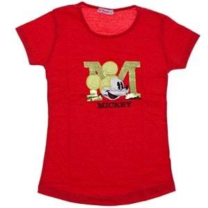 Arya 1013 Kız Çocuk Penye Pullu Mıckey Mouse Nakışlı Tişört 3-7 Yaş