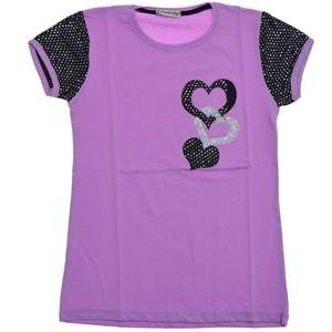 Almila 0570 Kız Çocuk Penye Kol Pullu Kalp Nakışlı Tişört 9-12 Yaş