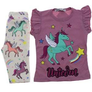 Zara Kız Çocuk Penye Unicorn Baskılı Tişört Tayt Takım 3-10 Yaş