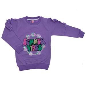 Pembe 1617 Kız Çocuk Kol Büzgülü Sumemr Vibes Nak Penye Sweat 1-4 Yaş