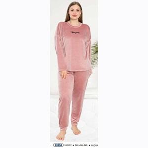 Estiva 23394 Bayan Kadife Sıfır Yaka Battal Bonjour Nak Pijama Takımı 3XL-4XL-5XL