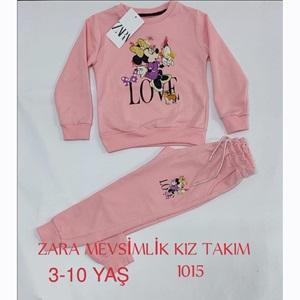 ZARA-1015 Kız Çocuk Penye Sıfır Yaka Mini Baskılı Takım 3-6 Yaş