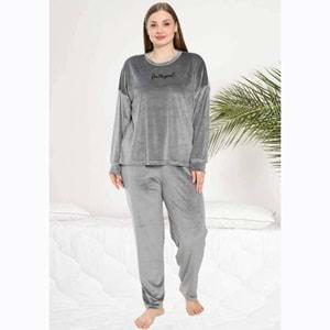 Estiva 23391 Bayan Battal Kadife Sıfır Yaka Nakışlı Pijama Takımı 3XL-5XL