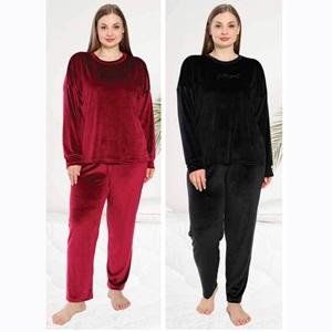 Estiva 23391 Bayan Battal Kadife Sıfır Yaka Nakışlı Pijama Takımı 3XL-5XL