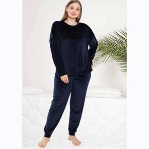 Estiva 23395 Bayan Kadife Sıfır Yaka Battal Nakışlı Pijama Takımı 3XL-4XL-5XL