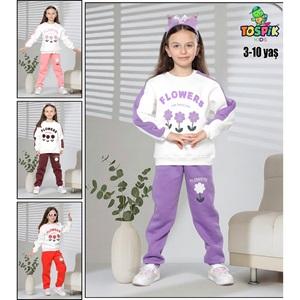Tospik 40017 Kız Çocuk 3 ip Flowers Nakışlı Sıfır Yaka Takım 3-10 Yaş
