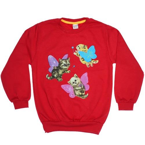 Azranur Kedi Baskılı 2 İp Şardonlu Sıfır Yaka Kız Çocuk Sweatshirt 3-10 Yaş