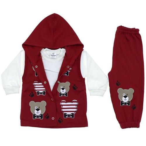 ÇAĞKON 810 Ayıcık Baskılı Kapşonlu Yelekli Erkek Çocuk 3Lü Takım 2 Yaş