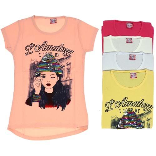 Almila 1584 Pullu Bereli Kız Baskılı Kız Çocuk Tişört 5-8 Yaş