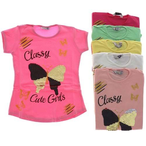 Hopii 1105 Pullu Kelebek İşlemeli Kısa Kollu Kız Çocuk 5-8 Yaş