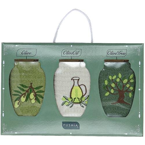 Fushia 003768 Zeytin Nakışlı 3 lü Loadikya Havlu Set 40x60 cm