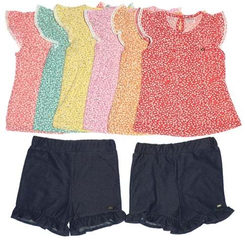Comix 007 Kız Çocuk Çiçek Desenli Piliseli Şortlu Takım 6-24 Ay
