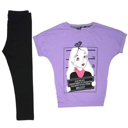 Nirvana 415 Kız Çocuk Likralı Penye Baskılı Tişört Tayt Takım 9-12 Yaş