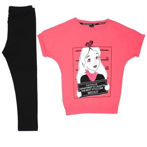 Nirvana 415 Kız Çocuk Likralı Penye Baskılı Tişört Tayt Takım 13-16 Yaş