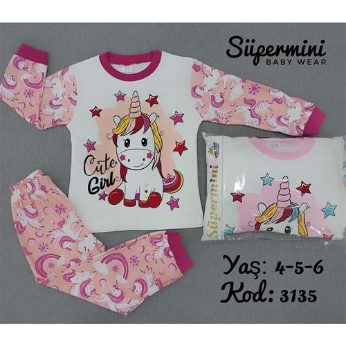 Süpermini 3135 Renkli At Desenli 2 li Kız Çocuk Pijama Takımı 4-6 Yaş