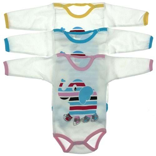 Hoppi Baby Çıtçıtlı Uzun Kol Filli Baskılı Badi 6 lı 03 Ay 3 Yaş