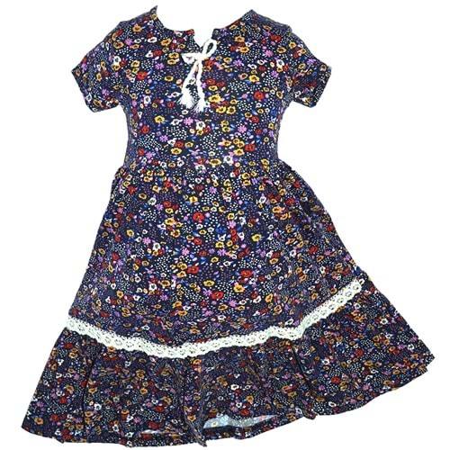 Mb 9249 Kız Çocuk Çiçekli Fistolu Elbise 6-9 Yaş
