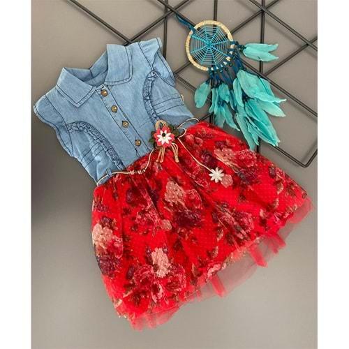 Miss Lovely 169 Kız Çocuk Kot Çiçek Desenli Tül Etekli Elbise 5-8 Yaş